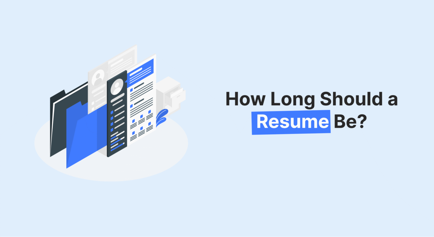 Isometric illustration of resume documents and folders with the question 'How Long Should a Resume Be?' for job seekers.
