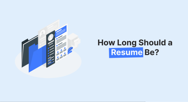 Isometric illustration of resume documents and folders with the question 'How Long Should a Resume Be?' for job seekers.