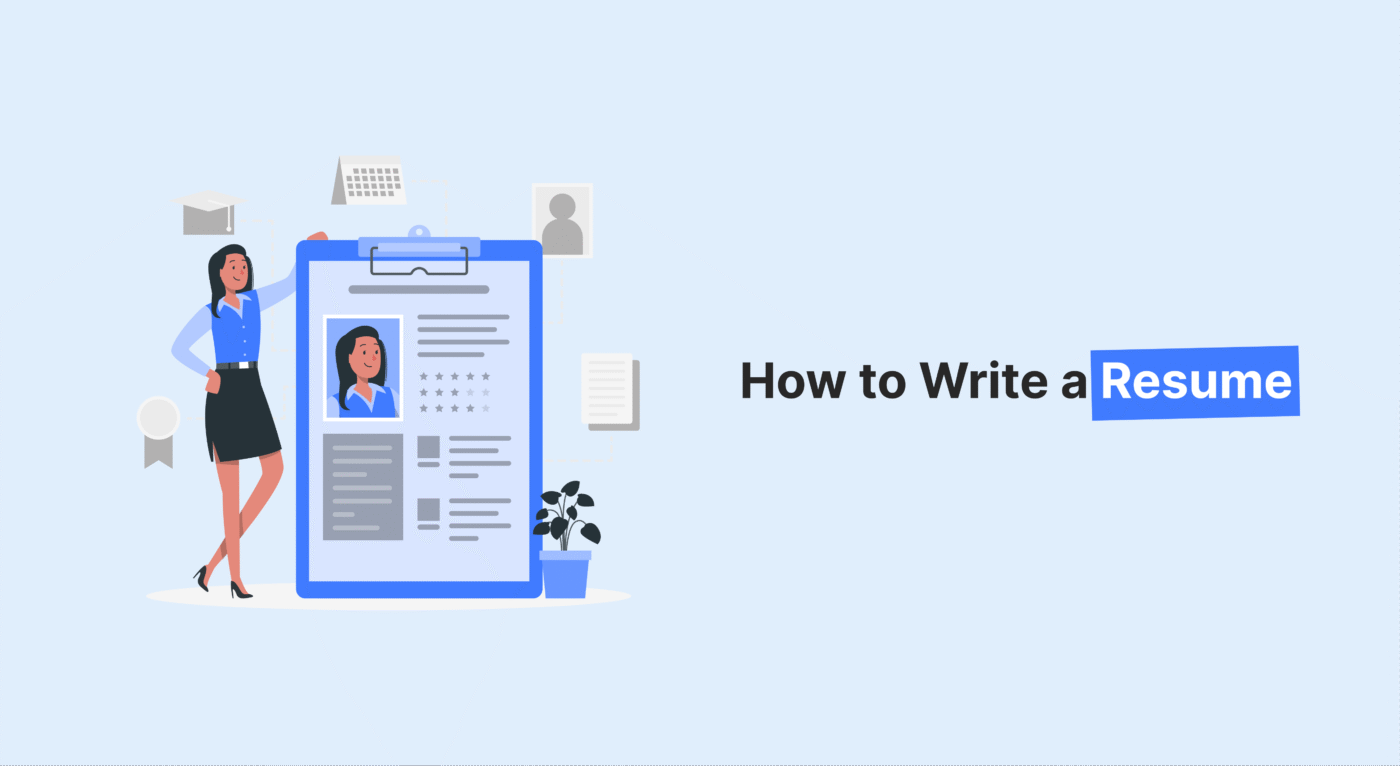 Illustration of a woman standing next to a resume clipboard, representing a guide on how to write a professional resume in 2025.