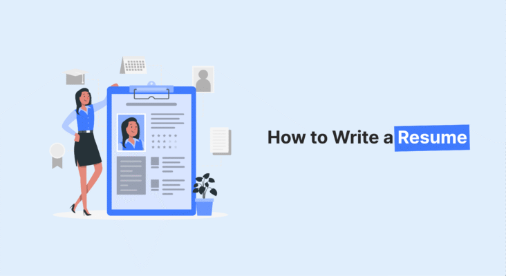Illustration of a woman standing next to a resume clipboard, representing a guide on how to write a professional resume in 2025.