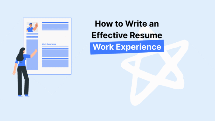 Illustration of a woman pointing at a resume section titled "Work Experience" with text "How to Write an Effective Resume" above.