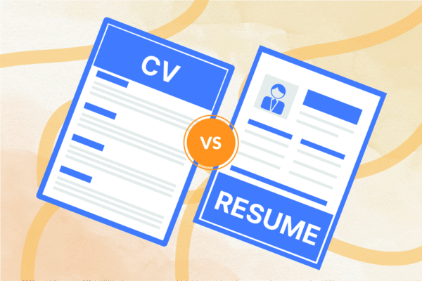 Illustration comparing a CV and a Resume, with "CV" on one document and "RESUME" on another, separated by a "VS" icon.