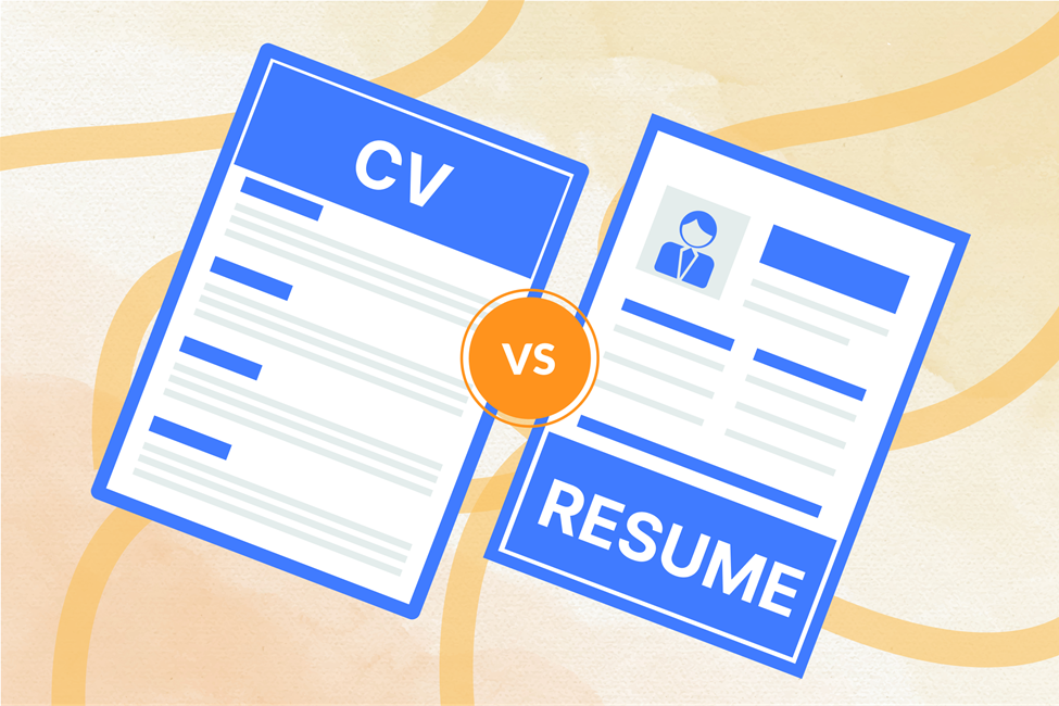 Illustration comparing a CV and a Resume, with "CV" on one document and "RESUME" on another, separated by a "VS" icon.