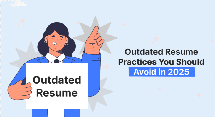 Illustration of a woman holding a sign that says "Outdated Resume" with text on the right stating "Outdated Resume Practices You Should Avoid in 2025."