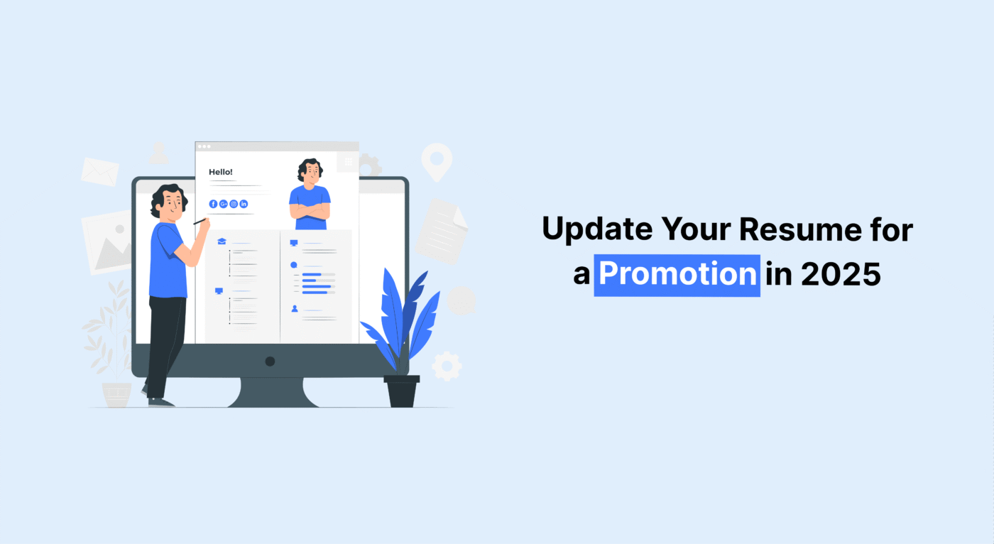 Illustration of a person updating their resume on a computer screen with the text "Update Your Resume for a Promotion in 2025".