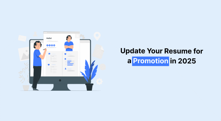 Illustration of a person updating their resume on a computer screen with the text "Update Your Resume for a Promotion in 2025".