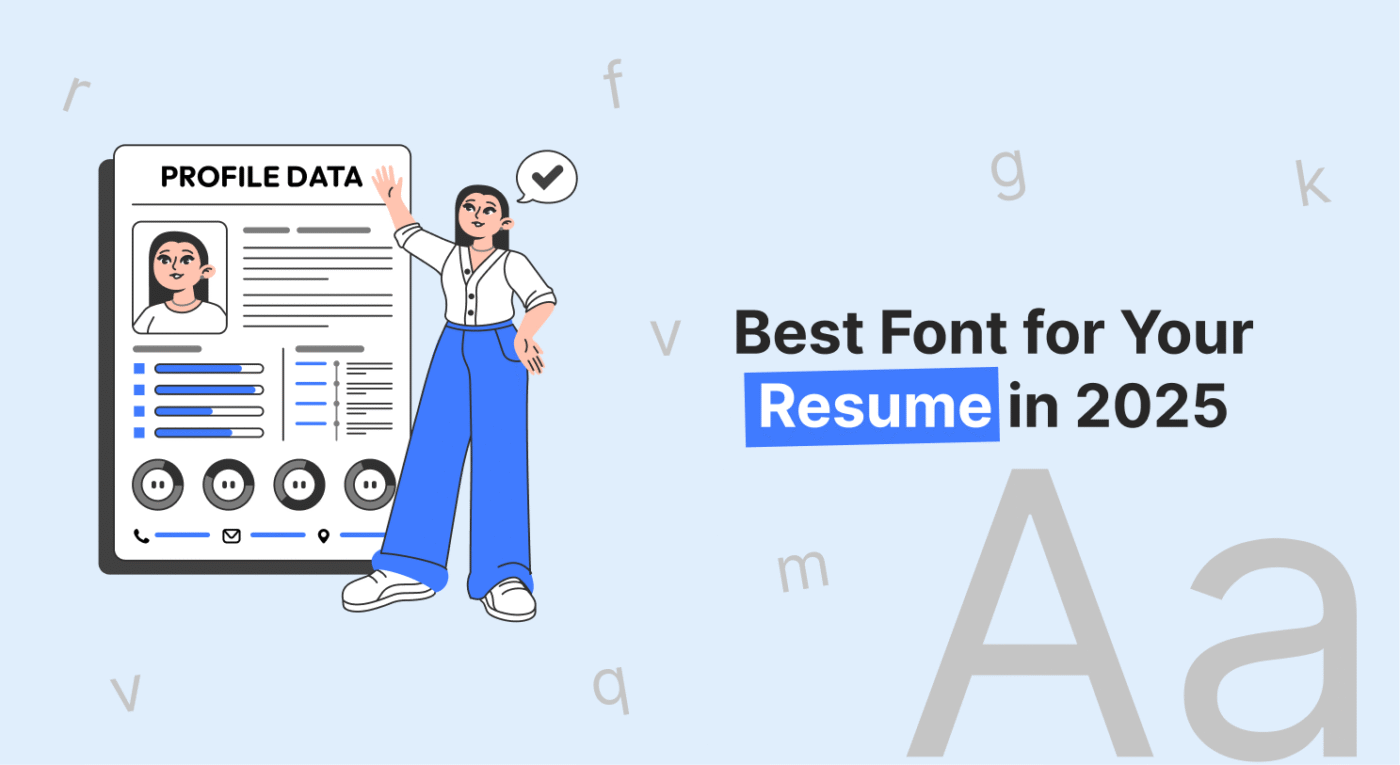 Illustration of a woman presenting a resume with the best resume fonts for 2025, focusing on readability and professional impact.
