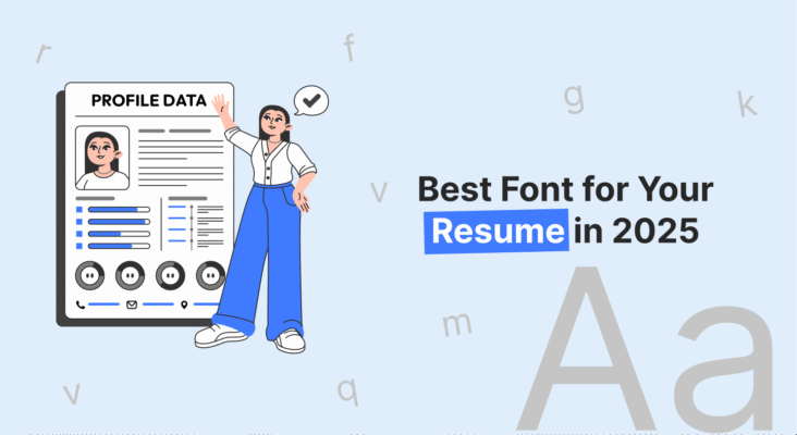 Illustration of a woman presenting a resume with the best resume fonts for 2025, focusing on readability and professional impact.