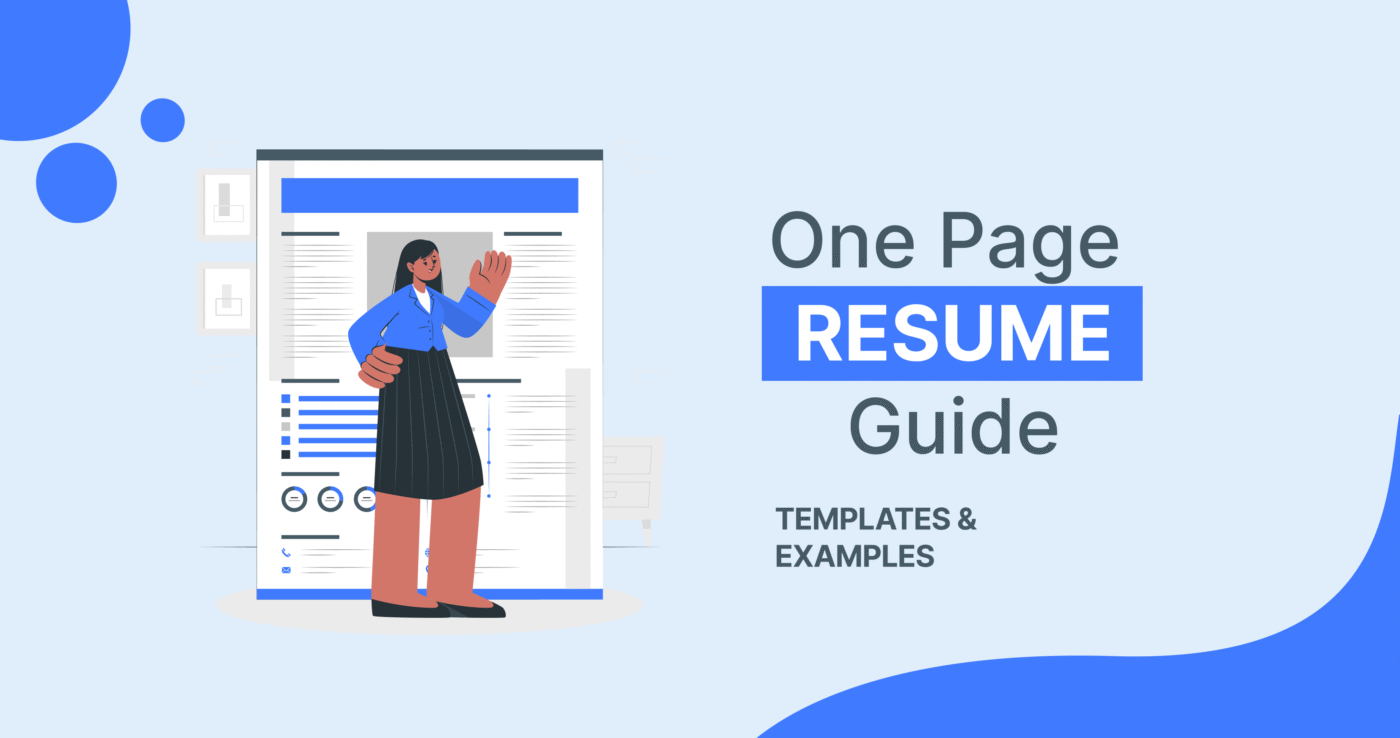 Woman in a light-blue jacket and dark skirt presenting a one-page resume guide with templates and examples.