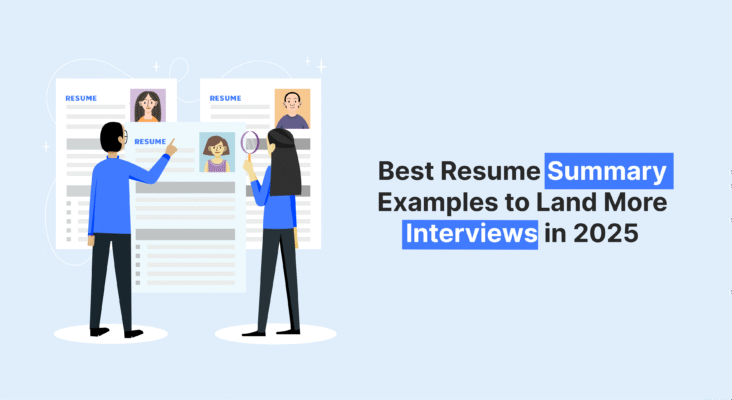 Two people review resumes, one pointing and one using a magnifying glass, with text "Best Resume Summary Examples to Land More Interviews in 2025".
