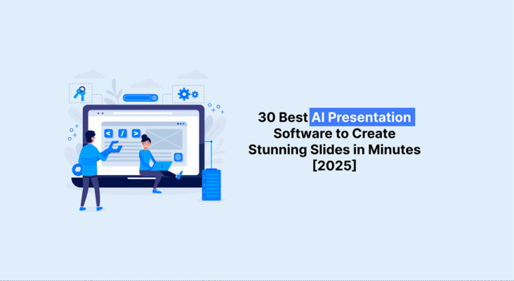 Two people working on a laptop screen with visual elements representing AI presentation software to create stunning slides in 2025.