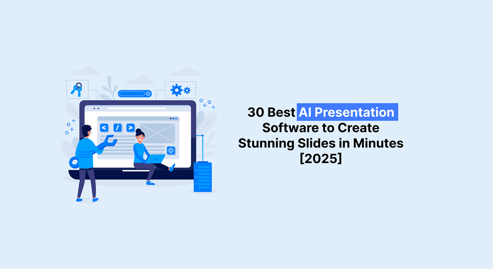 Two people working on a laptop screen with visual elements representing AI presentation software to create stunning slides in 2025.