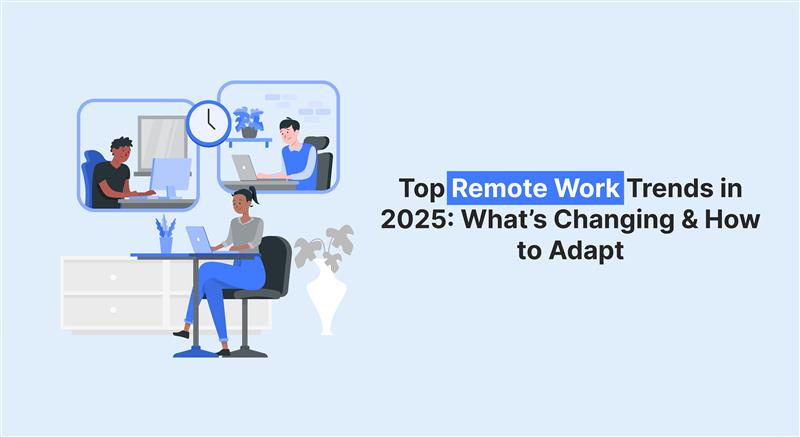 Illustration of professionals working remotely with laptops, showing top remote work trends in 2025 and how to adapt successfully.