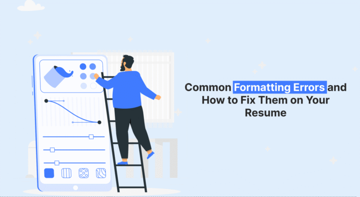 Man on ladder adjusting resume formatting on a large screen displaying editing tools.