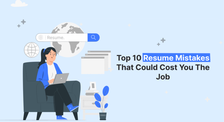 Woman using a laptop next to a search bar with text highlighting top 10 resume mistakes that could hurt your job chances.