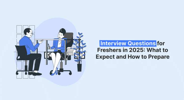 Two people seated at a desk, likely in an interview, with text overlay describing interview questions for freshers in 2025.