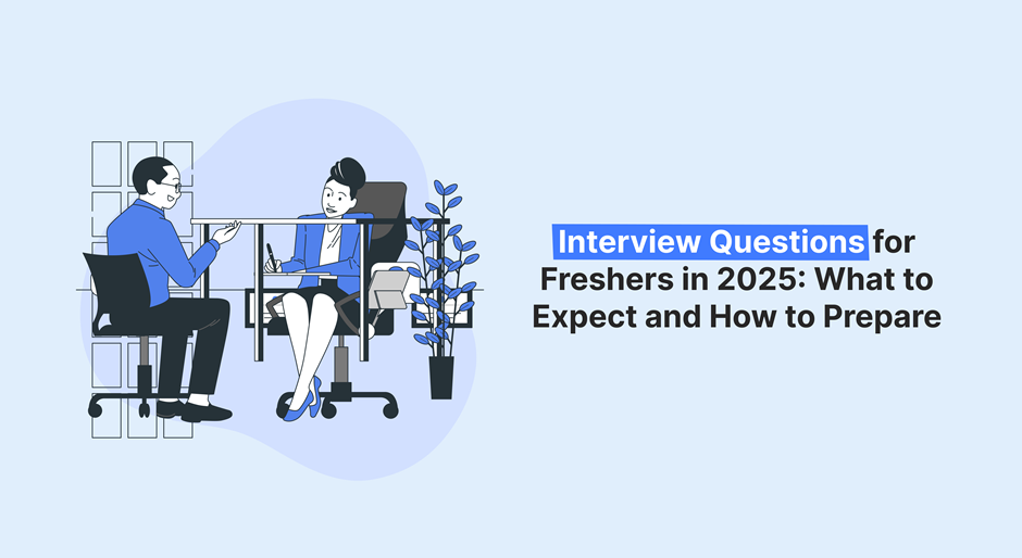 Two people seated at a desk, likely in an interview, with text overlay describing interview questions for freshers in 2025.