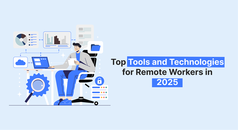 Person using laptop with various data visualization tools and cloud technology, highlighting top tools and technologies for remote workers in 2025.