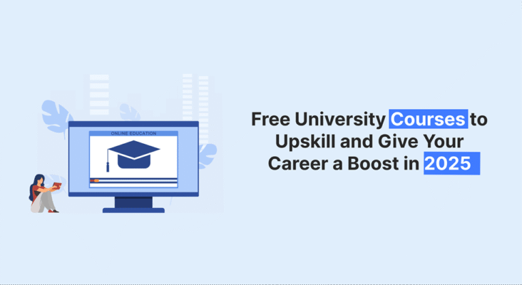 Illustration of a person using a tablet with a computer screen displaying a graduation cap and text about free university courses for career advancement in 2025.