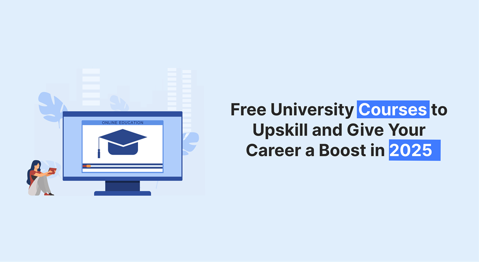 Illustration of a person using a tablet with a computer screen displaying a graduation cap and text about free university courses for career advancement in 2025.