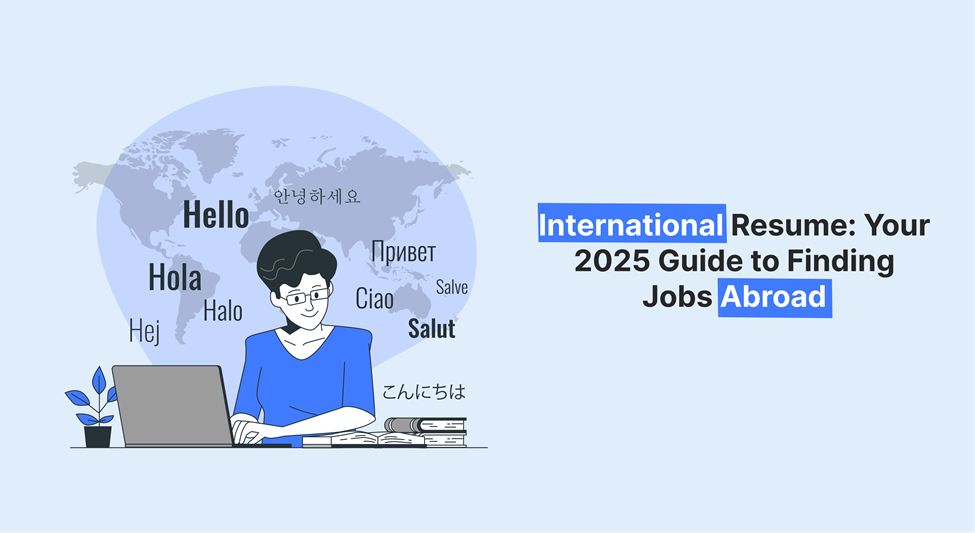 Person on laptop with a world map and greetings in multiple languages, representing international job search in 2025