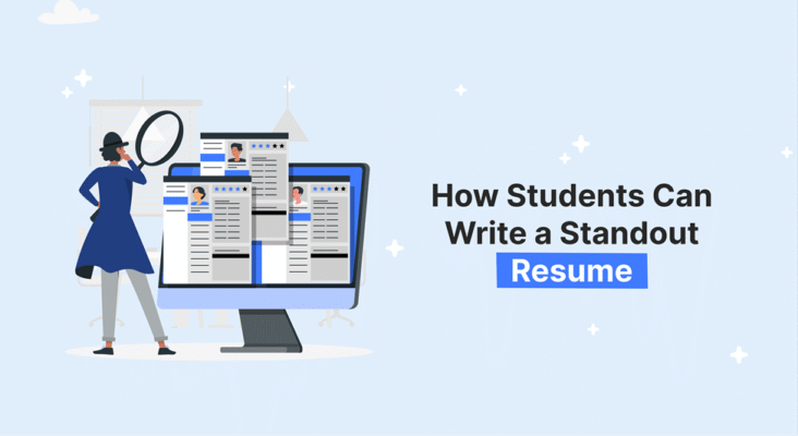 A person in a trench coat and hat uses a magnifying glass to examine resumes displayed on a computer screen, with text overlaying "How Students Can Write a Standout Resume".
