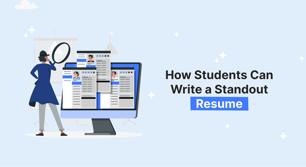 A person in a trench coat and hat uses a magnifying glass to examine resumes displayed on a computer screen, with text overlaying "How Students Can Write a Standout Resume".