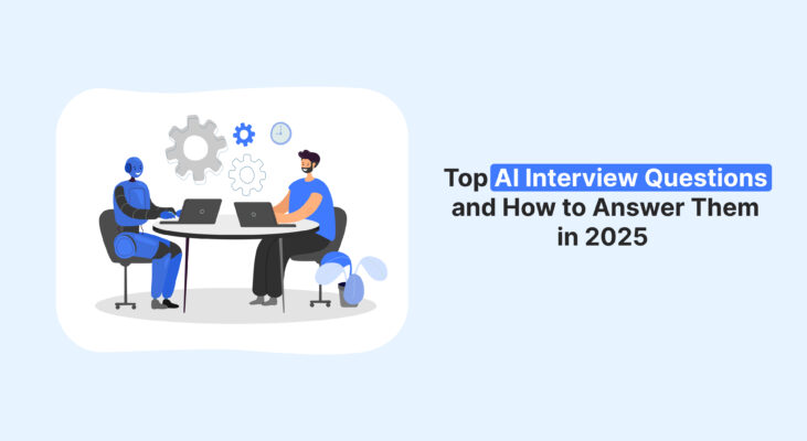 Illustration of a robot and person with laptops preparing for AI interview questions in 2025, showcasing collaboration and AI skills.