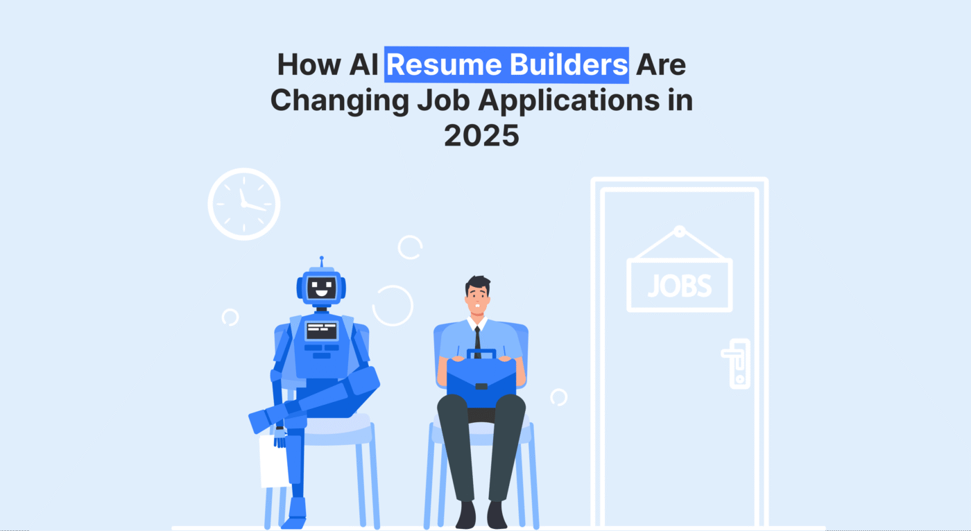 Illustration of a robot and human waiting for job interviews, symbolizing how AI resume builders impact job applications in 2025.