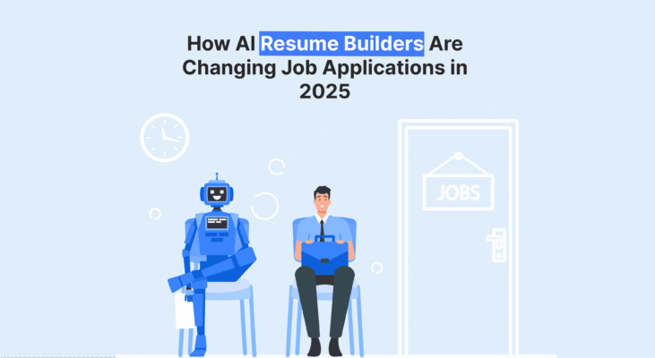 Illustration of a robot and human waiting for job interviews, symbolizing how AI resume builders impact job applications in 2025.