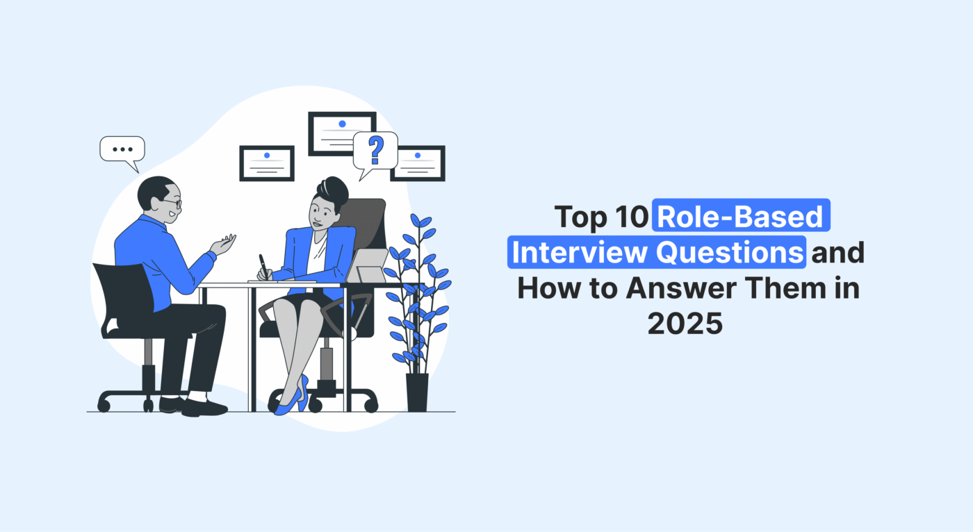 Illustration of a job interview highlighting top 10 role-based interview questions and expert answers for job seekers in 2025.