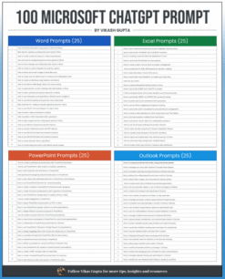 100 Microsoft ChatGPT Prompts cheat sheet for Word, Excel, PowerPoint, and Outlook—PDF for productivity with Office tools