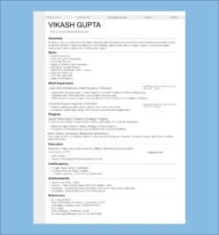 Entry-level sales executive resume template featuring CRM skills, cold calling, internship projects, and ATS-optimized formatting.