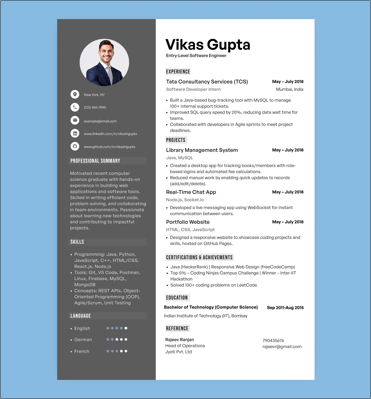 Resume template for entry-level software engineers with projects in Java, Node.js, and web development, ideal for freshers.