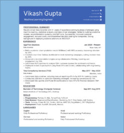 Machine Learning Engineer resume sample with NLP, predictive modeling, and Python skills, tailored for ATS and data science job applications.