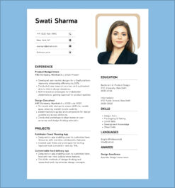 Product designer resume for freshers and interns with project samples, UX skills, and internship experience in SaaS and mobile app design.