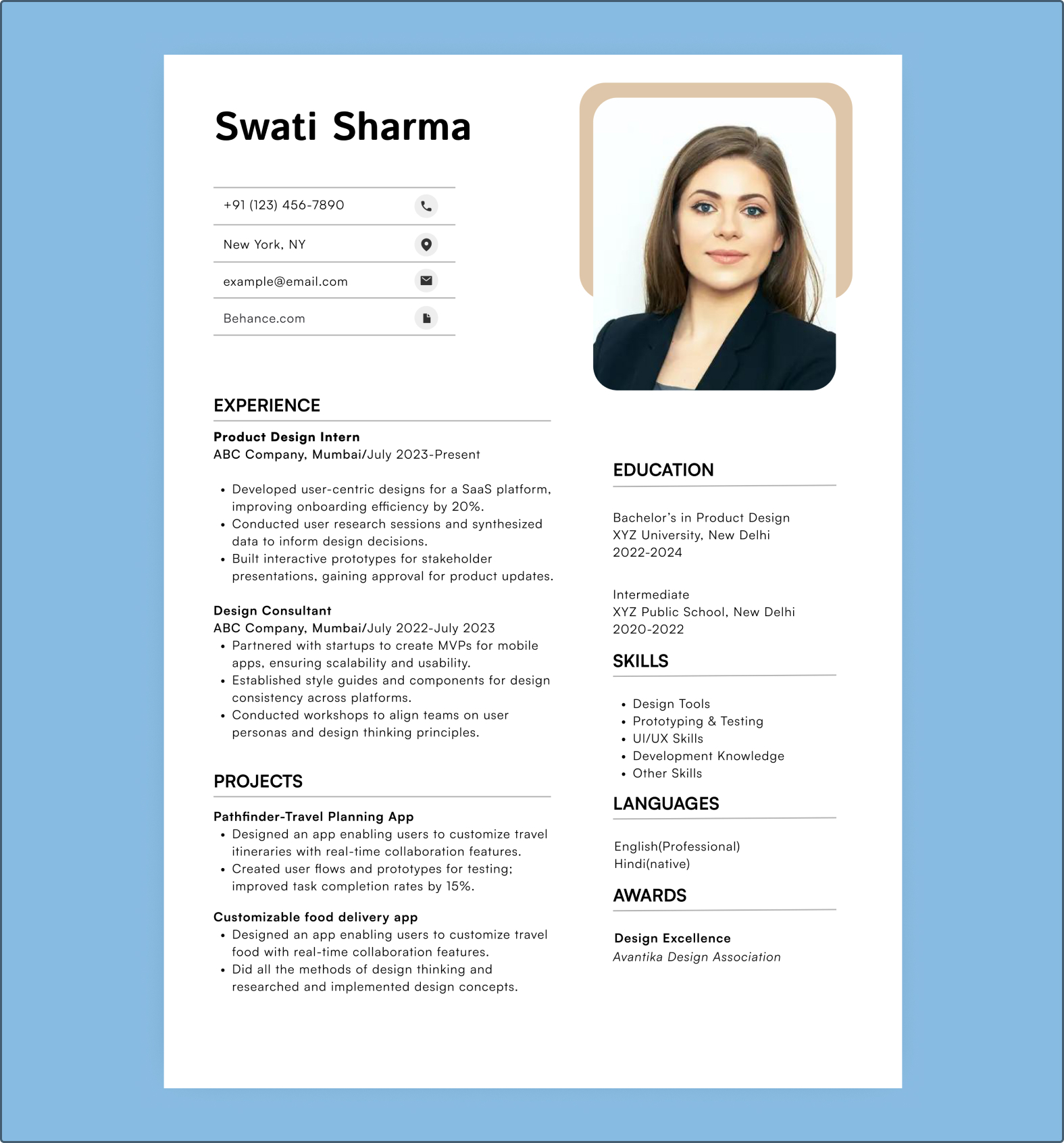 Product designer resume for freshers and interns with project samples, UX skills, and internship experience in SaaS and mobile app design.
