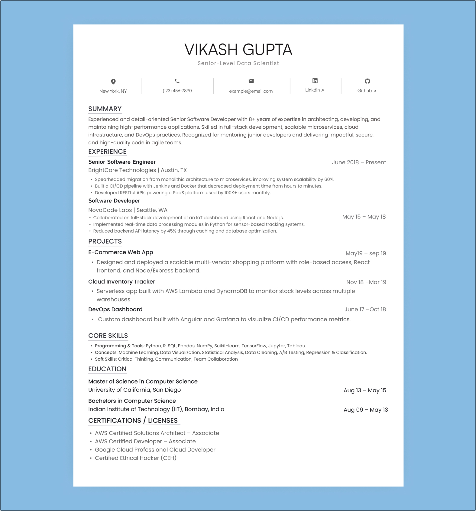 Senior-level data scientist resume showing expertise in cloud tools, machine learning, DevOps, and large-scale predictive analytics.