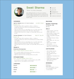 Modern senior full stack developer resume featuring React, Node.js, AWS skills, and experience in scalable web app development and deployment.
