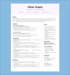 Senior Full Stack Developer resume template showing 10+ years of JavaScript, React.js, Node.js, and AWS experience with modern layout.