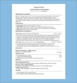 Senior machine learning engineer resume sample featuring Python, TensorFlow, SQL, and NLP projects with 5+ years of data science experience.