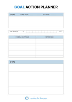 A goal action planner template with fields for goal, start date, due date, progress, obstacles, and references.