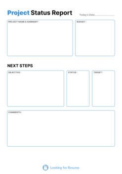 Blank project status report template with sections for project name, summary, budget, next steps, objective, status, target, and comments.