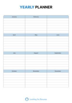 Yearly planner template with horizontal lines for writing, divided into twelve monthly columns.