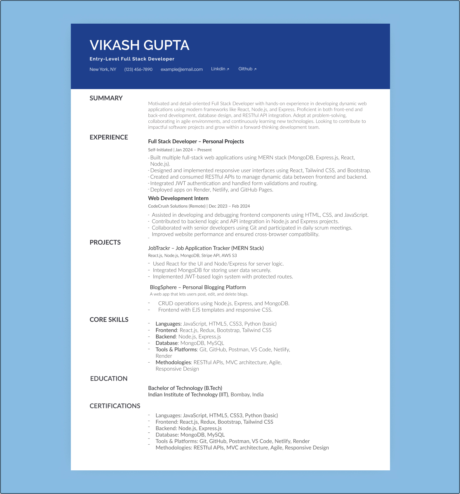 College Graduate Resume Layout showcasing skills, projects, education, and certifications in a clean, ATS-friendly design.