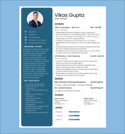 Executive resume template for Senior IT Manager highlighting experience, skills, and education for job applications.