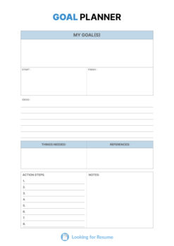 Goal planner document with sections for goals, start/finish dates, ideas, things needed, references, action steps, and notes.