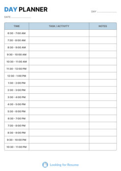 A blank day planner with columns for time, task/activity, and notes, and a footer logo for "Looking for Resume."