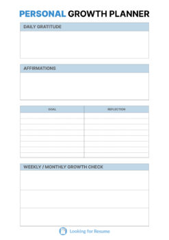 Personal growth planner with sections for daily gratitude, affirmations, goals, reflections, and weekly/monthly growth checks.