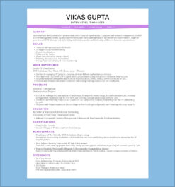 Modern ATS resume template for entry-level IT manager with summary, skills, work experience, projects, education, and certifications.